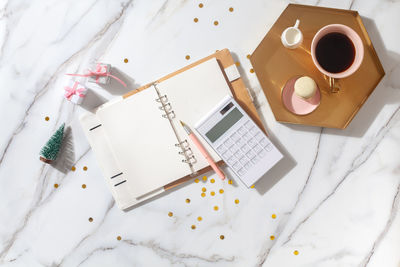 High angle view of coffee cup on table