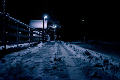 Snow covered street lights at night