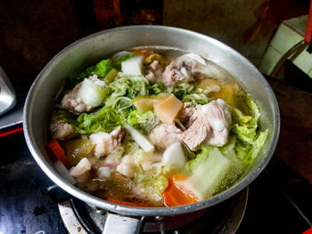 High angle view of soup in bowl on table