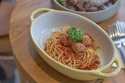 High angle view of food in bowl on table