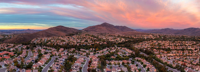 Aerial view of residential subdivision houses at sunset in eastlake chula vista, california.