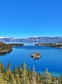 Scenic view of lake against clear blue sky