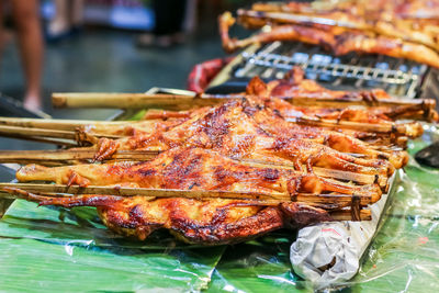 Close-up of meat on barbecue grill