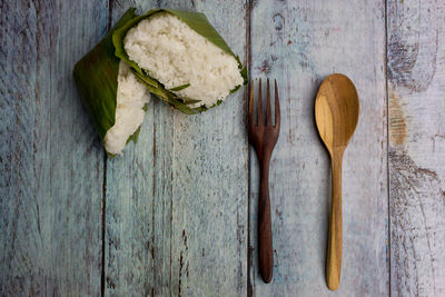 High angle view of food on wooden table