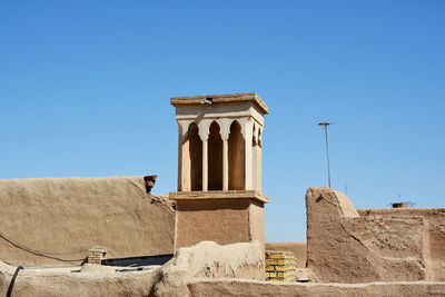 Front angle view of historic building against clear blue sky