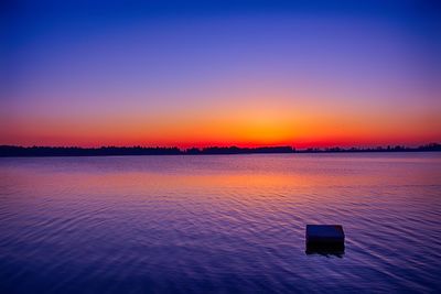 Scenic view of lake against clear sky during sunset