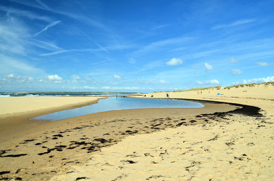 Scenic view of beach against blue sky