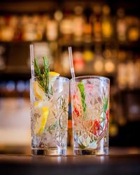 Close-up of fancy rustic cocktails