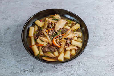 High angle view of food in bowl on table