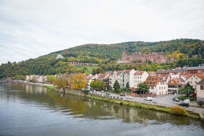 River by townscape against sky
