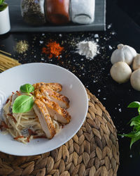 High angle view of food in plate on table