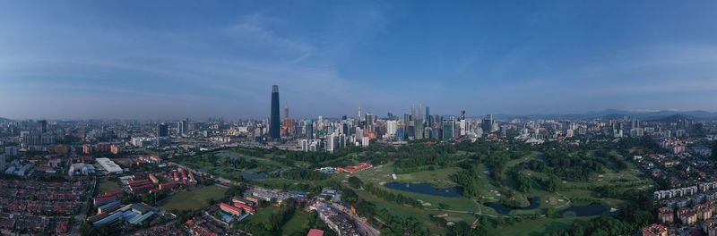 High angle view of buildings against sky