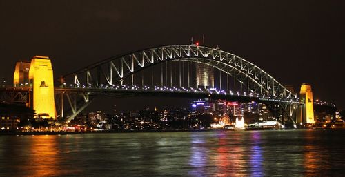 Illuminated bridge over river at night