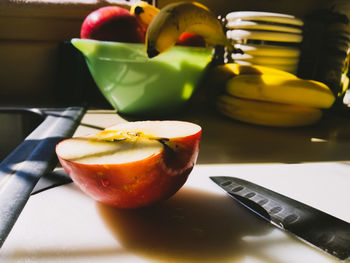 Close-up of fruits in plate on table