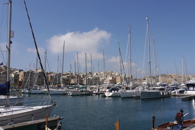 Sailboats moored at harbor against sky