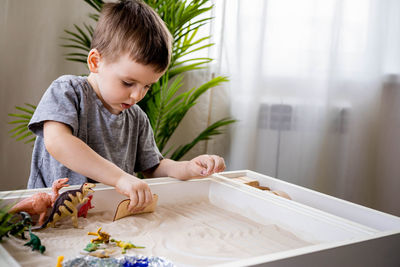 Boy playing with toy at home