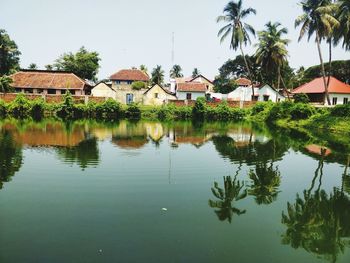 Reflection of trees and buildings in lake