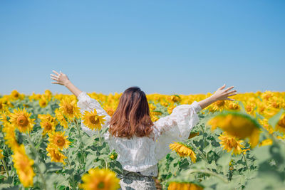 Rear view of woman amidst sunflower plants against clear sky
