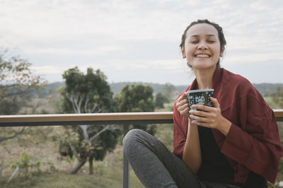 Series photo of young woman hand holding ceramic mug, positive emotion, chill and joyful