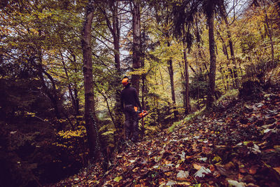 Man standing by trees in forest