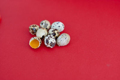 High angle view of cupcakes against red background