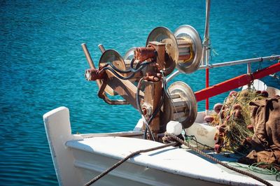 Close-up of fishing equipment on boat