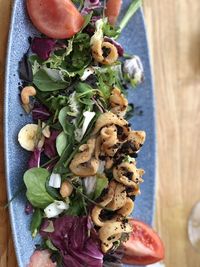 High angle view of food served on table