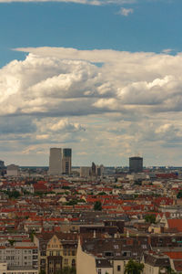 High angle view of buildings against sky