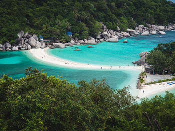 Koh nang yuan island viewpoint. iconic white sand bar, turquoise sea. near koh tao island, thailand.