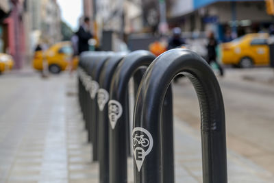 Close-up of vintage bicycles on street