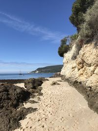 Scenic view of beach against blue sky