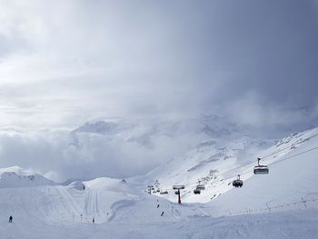 Aerial view of snow covered mountain against sky