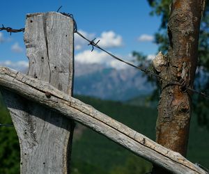 Wooden fence on field during sunny day