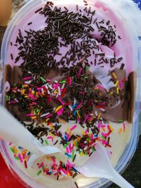 High angle view of dessert on table