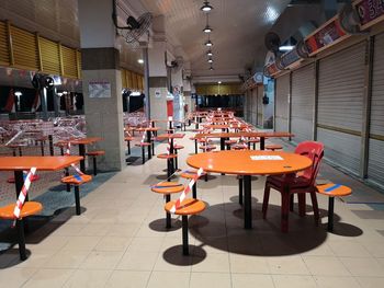 Empty chairs and tables in restaurant