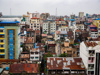 High angle view of city with old buildings in yangon, myanmar