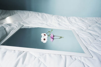 Daisies on mirror lying on white duvet