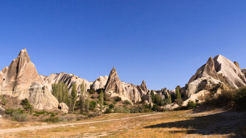 Panoramic view of mountains against clear blue sky