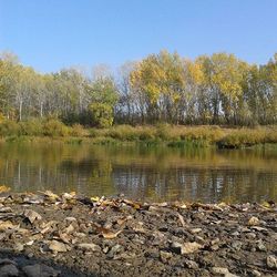 Scenic view of lake against clear sky