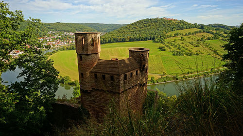 Built structure on landscape against sky