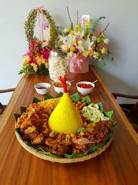 High angle view of food in plate on table