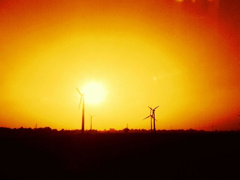 sunset, wind turbine, wind power, fuel and power generation, alternative energy, windmill, environmental conservation, renewable energy, silhouette, technology, landscape, field, orange color, sun, rural scene, tranquil scene, traditional windmill, electricity pylon, scenics, tranquility