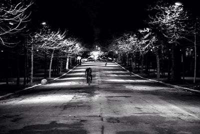 Road passing through bare trees at night