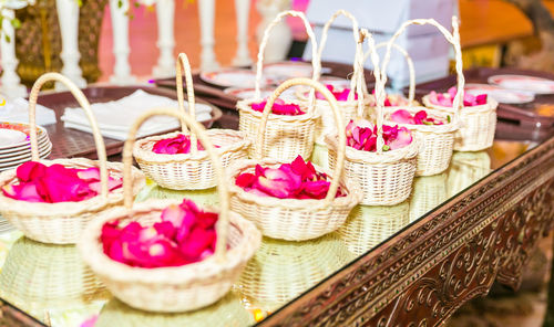 Close-up of wicker basket on table at market stall