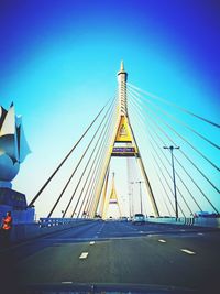 View of suspension bridge against clear blue sky