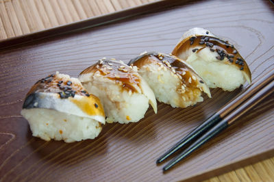 High angle view of sushi in plate on table