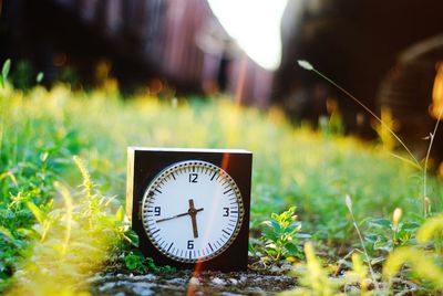 Close-up of clock on field