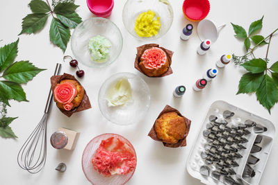 High angle view of fruits in plate on table