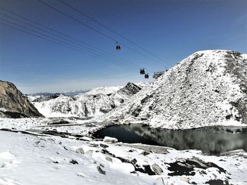 Low angle view of snow covered mountain against clear sky