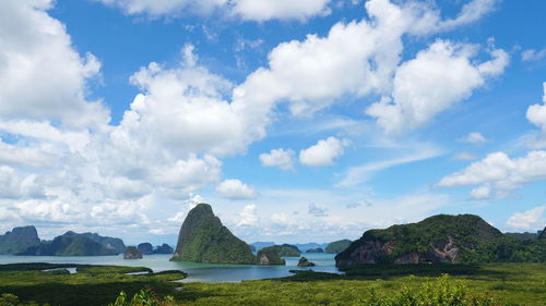 Scenic view of sea and mountains against sky